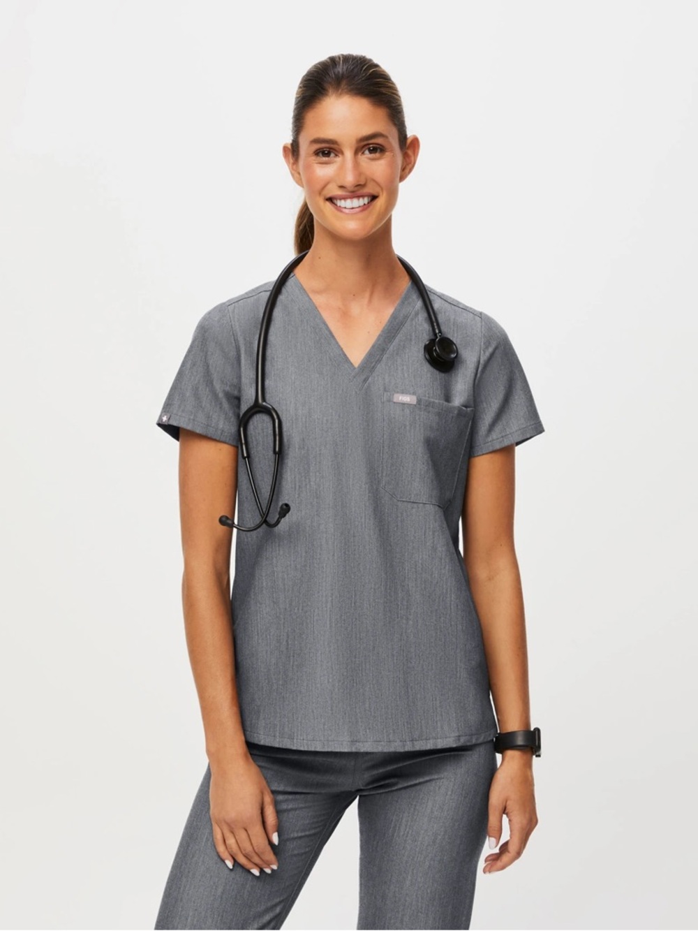 Figs Charcoal Gray Scrub Top with Pocket Tab - Picture 8 of 9